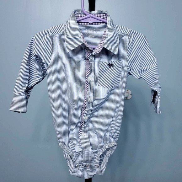 Frenchie Mini Couture Blue Strip Collar Onesie with Snaps |Size: 12M - Picture 1 of 4
